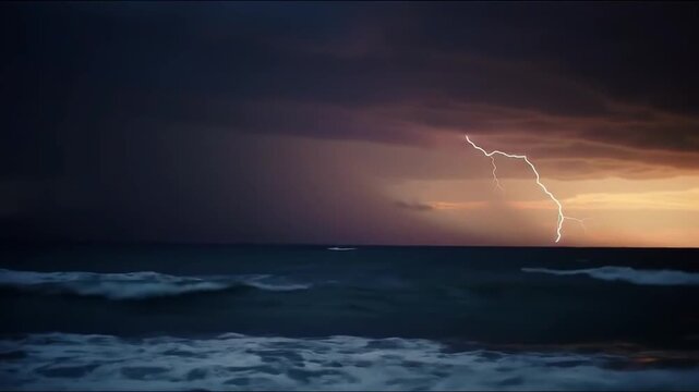 Lightning storm over dark ocean with dramatic sky and crashing waves