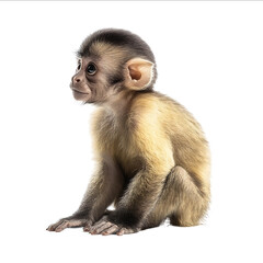 Cute baby capuchin monkey sitting side view isolated on white background with clipping path Fullbody portrait of the young animal in a studio Shot with a Nik