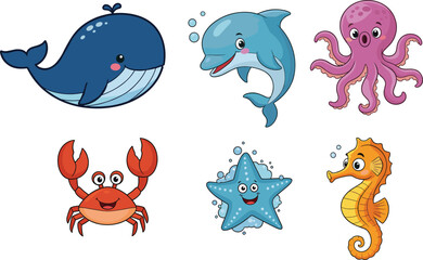 Cute cartoon farm animals illustration set, cow, sheep, pig, horse, chicken, goat, isolated on white background, vector clipart, children design artwork