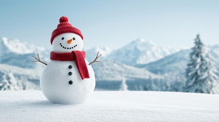 Fototapeta premium Smiling snowman wearing red scarf and wool hat standing proudly in wide snowy landscape with frosted pine trees and mountains under clear sky.