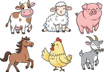 Cute cartoon farm animals illustration set, cow, sheep, pig, horse, chicken, goat, isolated on white background, vector clipart, children design