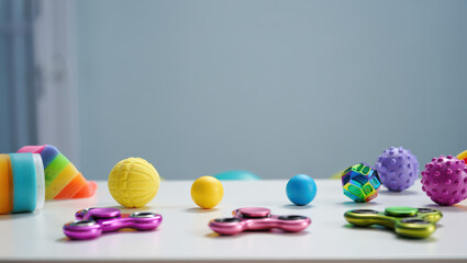 Assorted fidget toys and stress balls scattered on a white surface against a blue background
