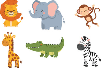 Cute cartoon jungle animals including lion, giraffe, zebra, monkey, elephant, and crocodile, perfect for kids’ educational illustrations, posters, and vector designs.