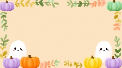 Fototapeta premium Halloween backgrounds spooky, A playful, colorful illustration featuring cute ghosts and pumpkins framed by autumn leaves, perfect for Halloween-themed designs.