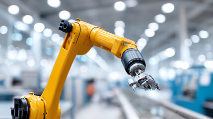 Close-up of an industrial robotic arm in a modern factory setting, showcasing precision and technology in manufacturing processes.