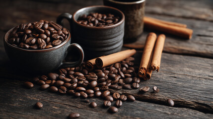 Rustic coffee scene with cups filled with roasted coffee beans cinnamon sticks and scattered beans on wooden table
