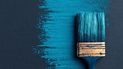 a paintbrush with blue paint, and a brush on a black background.