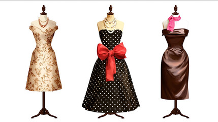 Three vintage dresses on mannequins isolated against a white background a black polka dot dress with a red bow and pearls in the middle a beige patterned gow