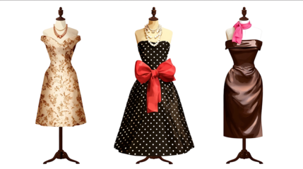 Three vintage dresses on mannequins isolated against a white background a black polka dot dress with a red bow and pearls in the middle a beige patterned gow