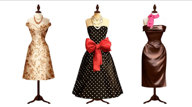 Three vintage dresses on mannequins isolated against a white background a black polka dot dress with a red bow and pearls in the middle a beige patterned gow