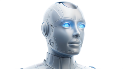 close up of a futuristic robot head isolated on white background, png, ai generated.