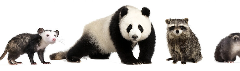 Naklejka premium A set of four animals an opossum on the left a panda standing in the center a raccoon sitting down to the right and a quokka on the far right side all agains