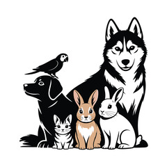 Diverse group of domestic animals together in a stylized illustration
