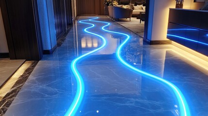 Blue LED strip lights create a winding path on a polished marble floor.