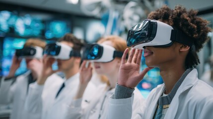 Group of diverse individuals wearing VR headsets, experiencing virtual reality training in a modern lab environment.
