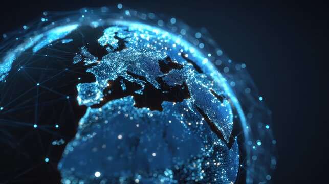 Futuristic view of Earth with glowing connections and data points representing global communication.