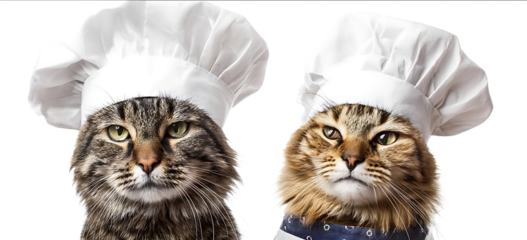 Two cats wearing chefs hats and aprons isolated on a white background Real photograph