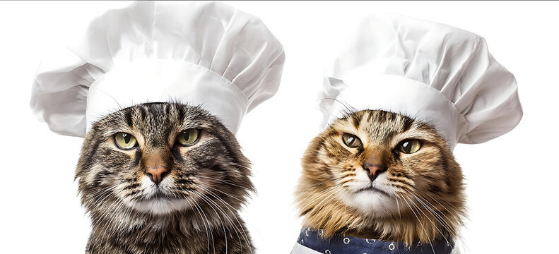 Two cats wearing chefs hats and aprons isolated on a white background Real photograph