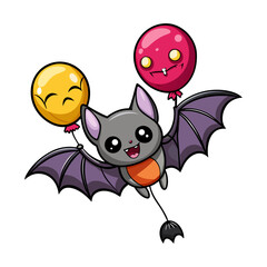 Cute Halloween bat floating with colorful candy balloons vector illustration, whimsical spooky design for kids, party decor, t-shirt, stickers