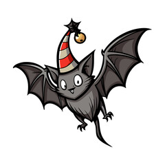Magical bat flying with tiny wizard hat vector illustration | Cute Halloween fantasy animal design for print, decor, and merchandise