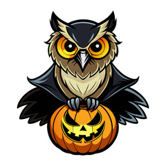Mystical Halloween owl perched on glowing jack-o’-lantern pumpkin vector illustration, spooky autumn night wildlife design for decorations