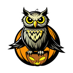 Mystical Halloween owl perched on glowing jack-o’-lantern pumpkin vector illustration, spooky autumn night wildlife design for decorations