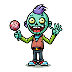 Cute friendly zombie character waving happily with glowing candy, Halloween spooky illustration, fun cartoon monster vector art design
