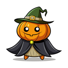 Magical Halloween pumpkin vector illustration wearing tiny wizard cloak, spooky fantasy autumn design for party, decoration, print, and merchandise