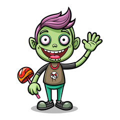 Cute friendly zombie character waving happily with glowing candy, Halloween spooky illustration, fun cartoon monster vector art design