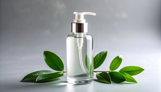 Clear Glass Lotion Bottle with Small Green Leaf Accent_A transparent glass lotion 