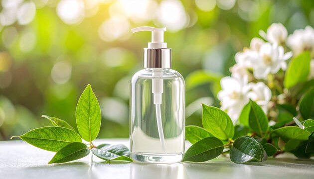 Clear Glass Lotion Bottle with Small Green Leaf Accent_A transparent glass lotion 