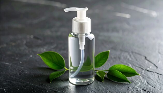 Clear Glass Lotion Bottle with Small Green Leaf Accent_A transparent glass lotion 