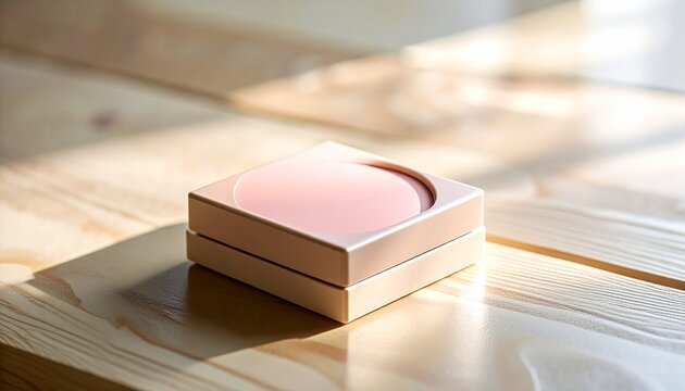 Compact Blush Box with Smooth Texture on Light Wood_A simple, compact blush box 