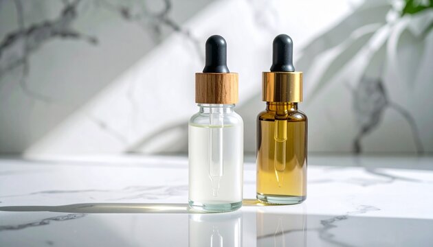 Cosmetic Oil Dropper on White Marble Surface