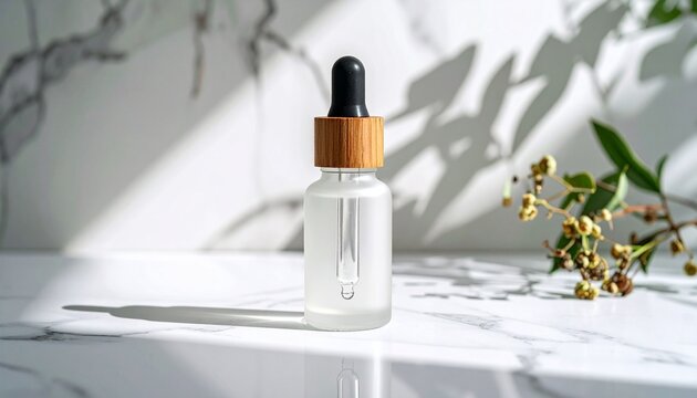 Cosmetic Oil Dropper on White Marble Surface