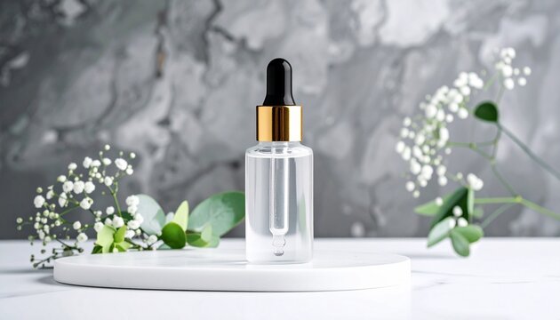 Cosmetic Oil Dropper on White Marble Surface