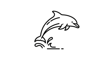 Simple black line art icon of a dolphin jumping out of the water with a splash.