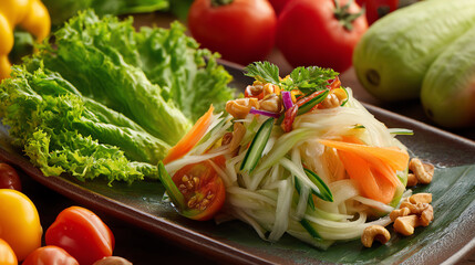 Fresh, colorful salad with vegetables, nuts, and herbs served on a elegant plate, perfect for health-conscious dining.