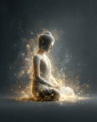 A Buddha figure made from constellations, golden light forming outline, dark galaxy background with radiant cosmic dust