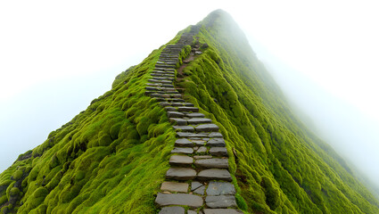 A stone path leads up a steep, mossy mountain under a foggy sky, inviting adventure and exploration in a scenic landscape