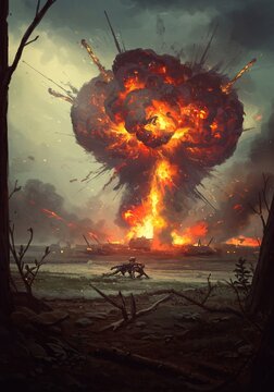 A Massive Fiery Explosion Erupts in a Destroyed Landscape with Silhouetted Figures and Debris Scattered Amidst the Carnage