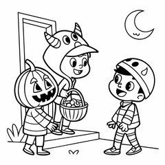 Halloween Poster. Trick Or Treaters. Halloween kids costume. Holiday horror costumes. Cute children in monster outfits.vector illustration of coloring page black and white