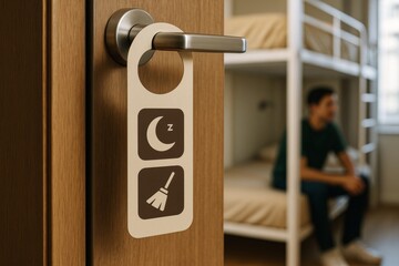 Door hanger with sleep and cleaning icons on wooden door handle in hostel room with light background and bunk beds, symbolizing privacy concept. Ai generative