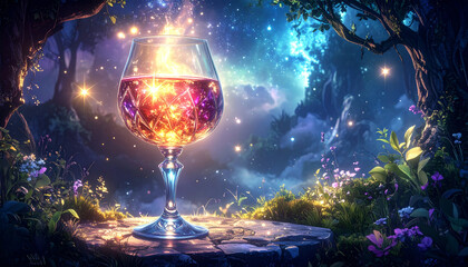 Enchanted wine glass in a magical forest scene, Whimsical glowing wine glass amidst a dreamy forest landscape