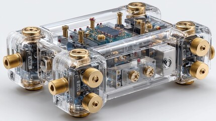 Fototapeta premium Floating speculative quantum duplicator with entanglement channel interface and precision stream emitter isolated on white for theoretical sci-fi replication tech