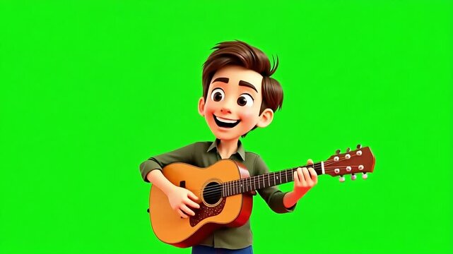 Joyful animated boy strumming acoustic guitar with a big smile on green screen