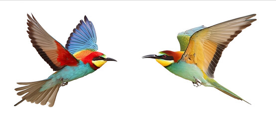 Colorful flying parrot and colorful beeeater bird isolated on a white background detailed photograph PNG format