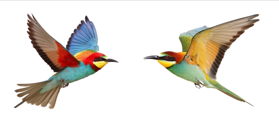 Colorful flying parrot and colorful beeeater bird isolated on a white background detailed photograph PNG format