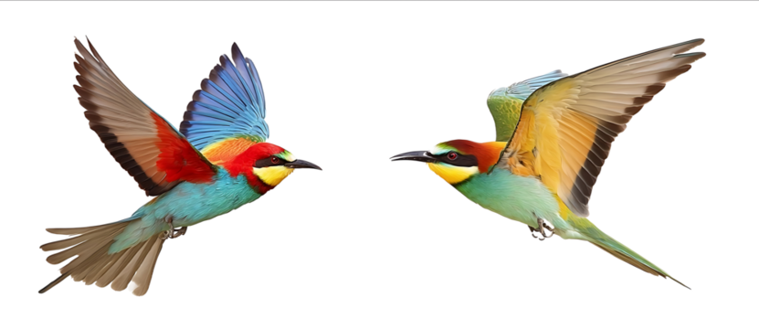 Colorful flying parrot and colorful beeeater bird isolated on a white background detailed photograph PNG format