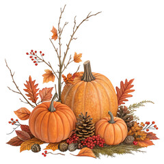 "Beautiful Autumn Harvest Composition with Pumpkins, Pinecones, Colorful Leaves and Red Berries – Seasonal Fall and Thanksgiving Decoration Illustration"